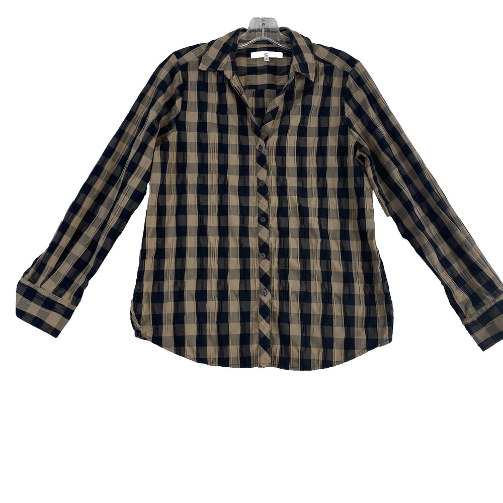 Foxcroft Shirt Women Sz 8 Beige Black Long Sleeve Shaped Cotton Blend Crinkle